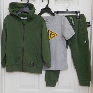 NWT 3pc Volcom Olive Hooded Sweatshirt Logo Shirt & Joggers Set sz 4t